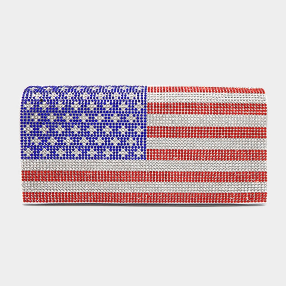 Red Silver Blue USA Flag Clutch Rhinestone Crystal Purse Bling Crossbody Bag